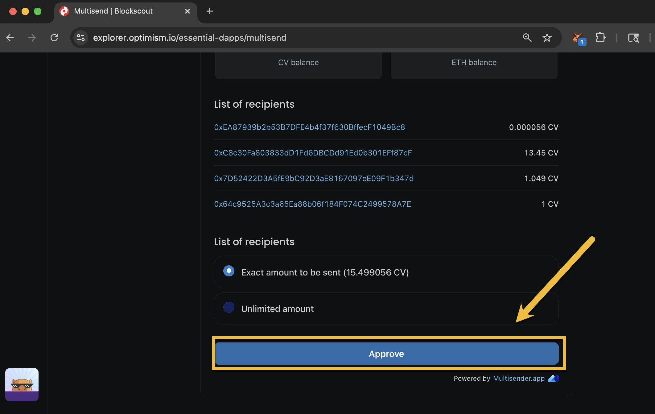 Multisend validation showing recipient list with arrow pointing to Approve button to authorize batch token transfer