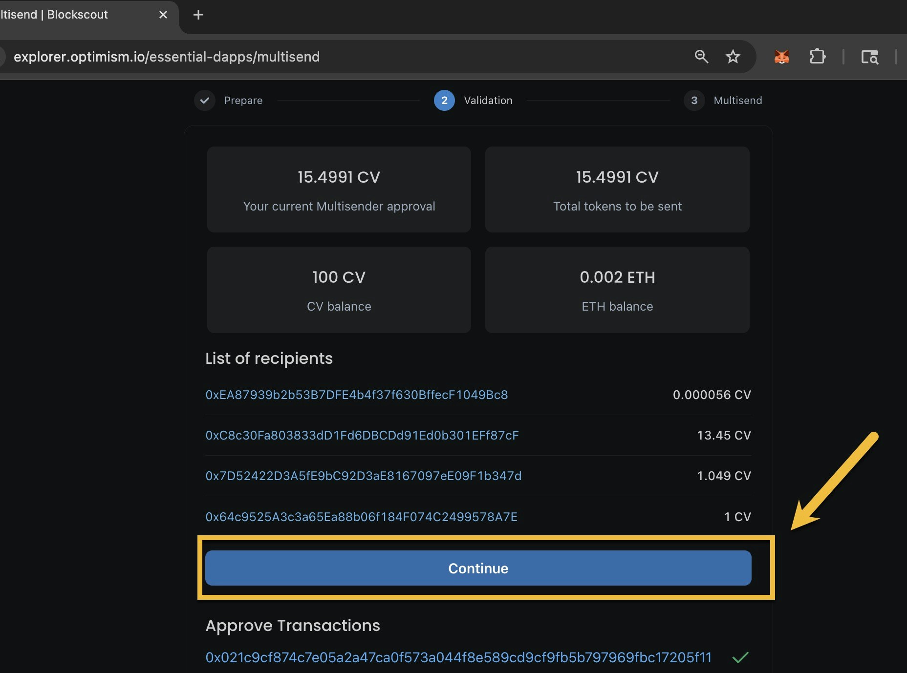 Multisend validation complete with arrow pointing to Continue button after approving 15.4991 CV token batch transfer to 4 recipients