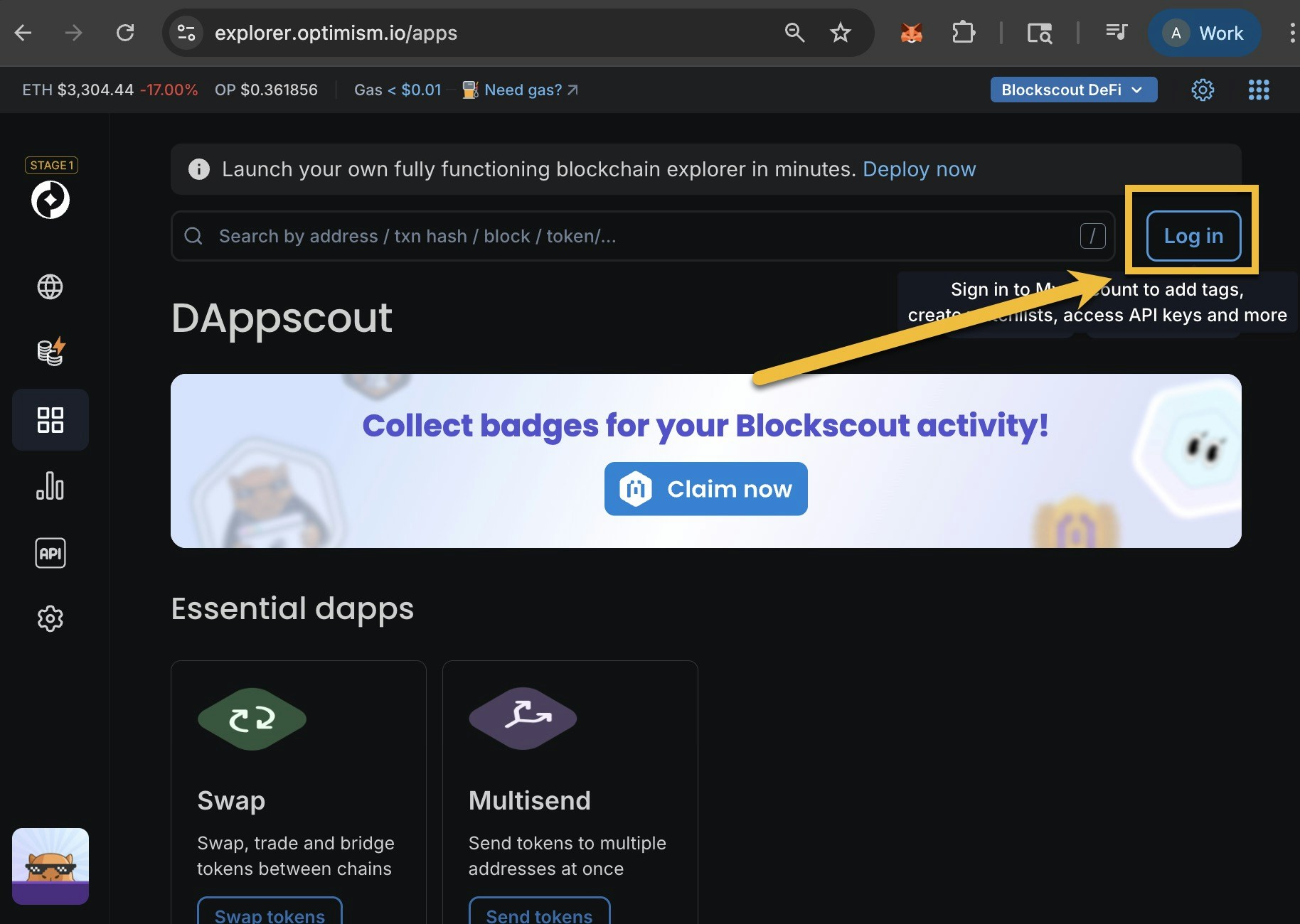 DAppscout blockchain explorer interface showing login button and essential dApps including token swap and multisend features