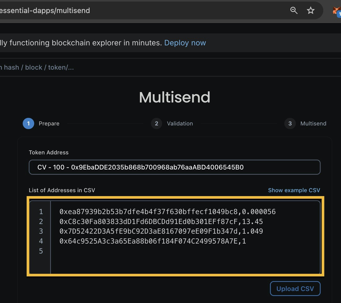 Multisend dApp with CSV recipient list populated showing wallet addresses and token amounts for batch CV token distribution