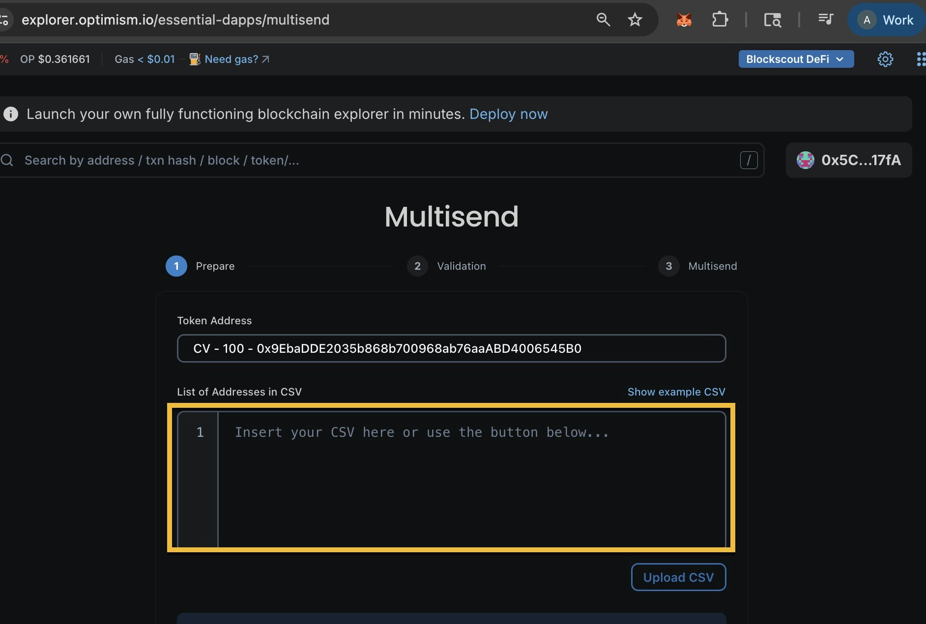 Multisend dApp CSV upload field for entering multiple recipient wallet addresses to batch send CV tokens