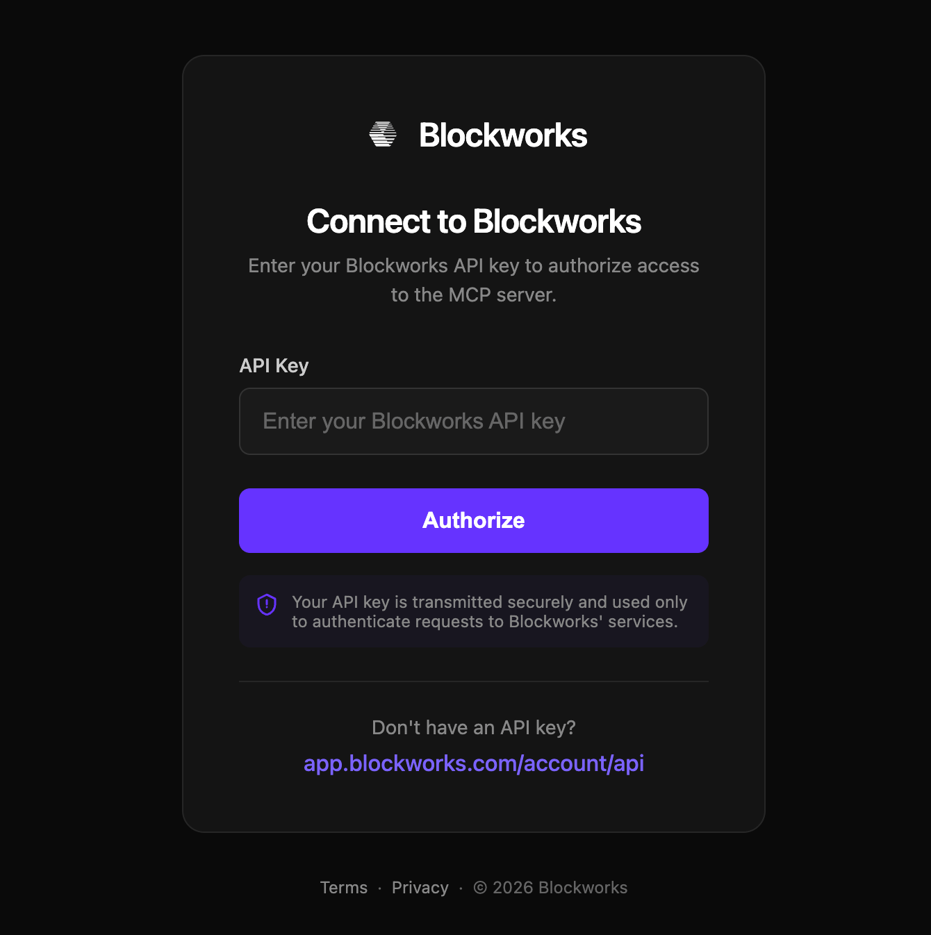 The Connect to Blockworks page asking for an API key
