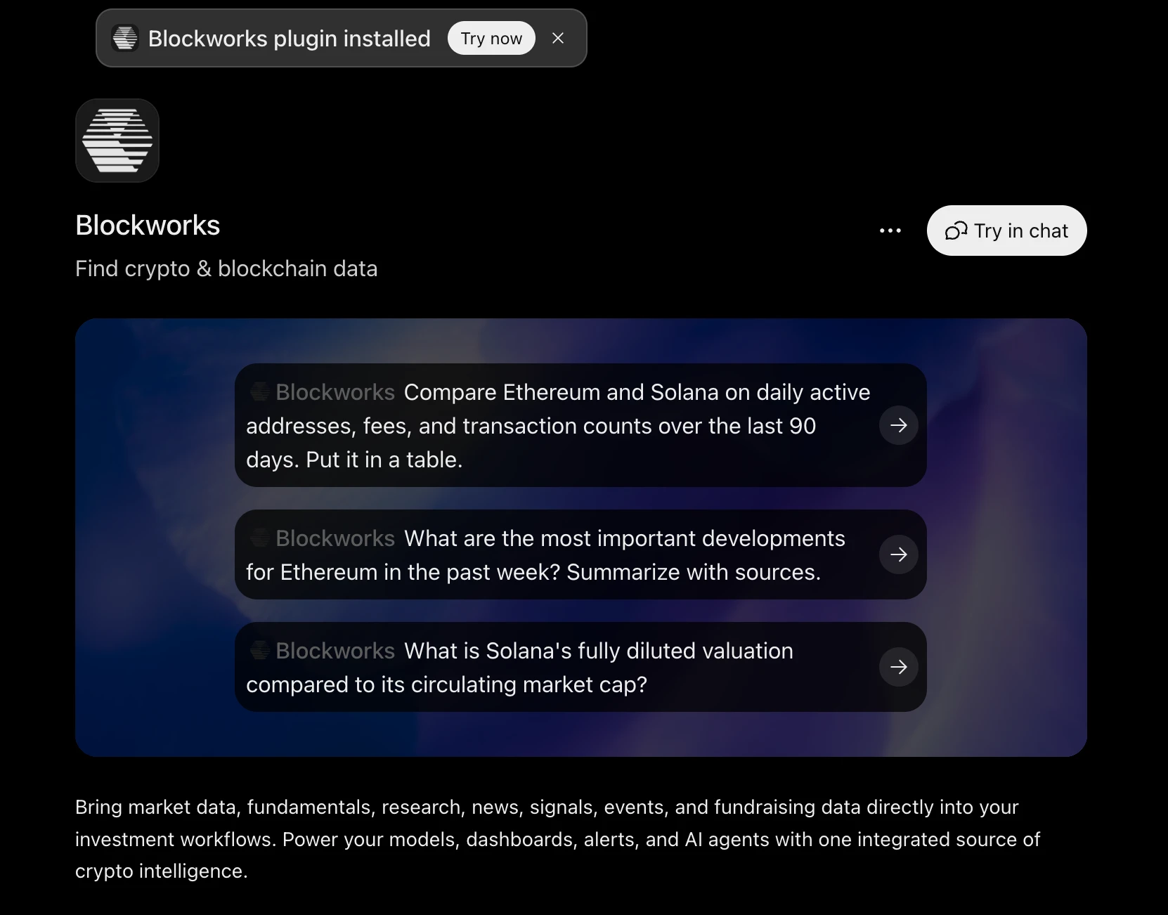 The plugin listing after installation, showing example prompts