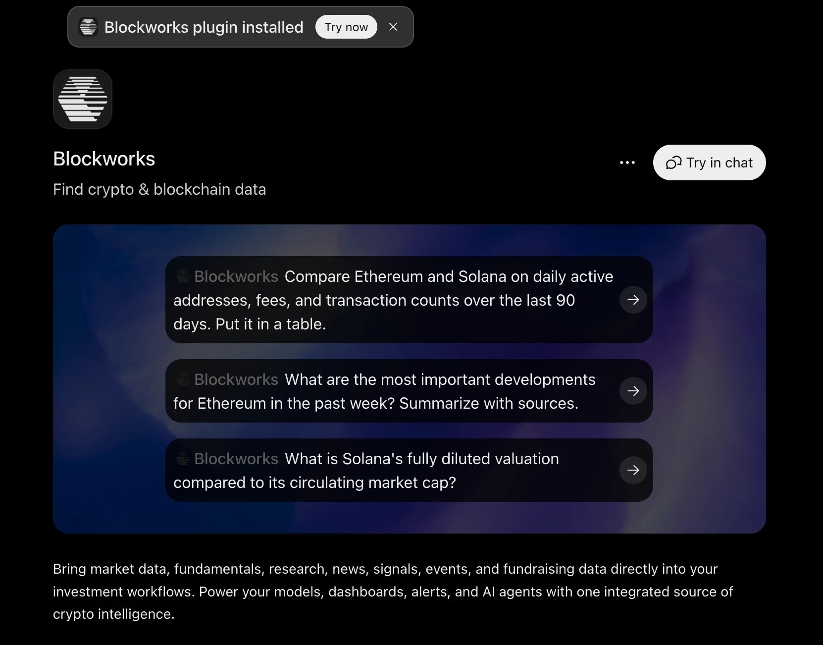 The plugin listing after installation, showing example prompts