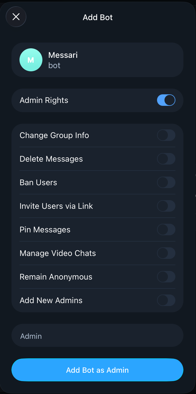 Telegram Add Bot dialog with Admin Rights enabled and the Add Bot as Admin button