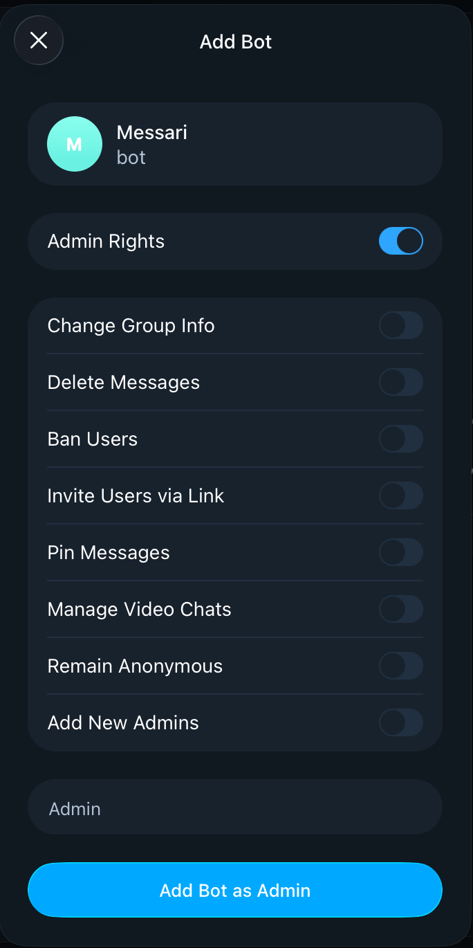 Telegram Add Bot dialog with Admin Rights enabled and the Add Bot as Admin button