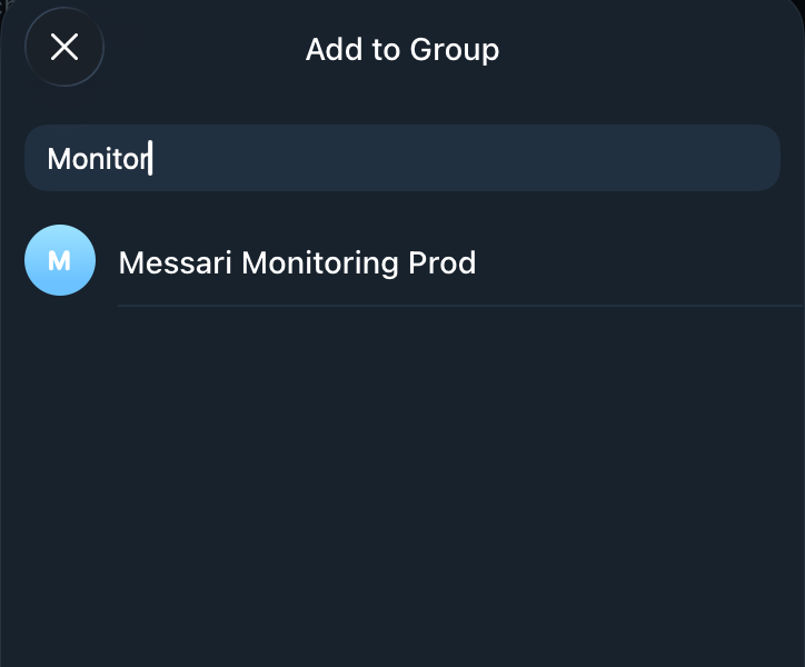 Telegram Add to Group dialog selecting a group to add the alert bot to