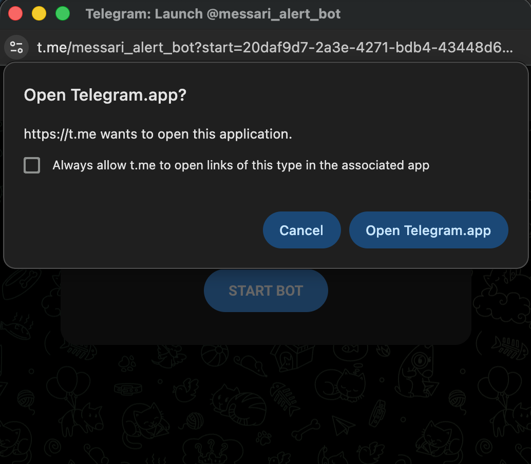 Telegram deep link popup opening the Blockworks alert bot