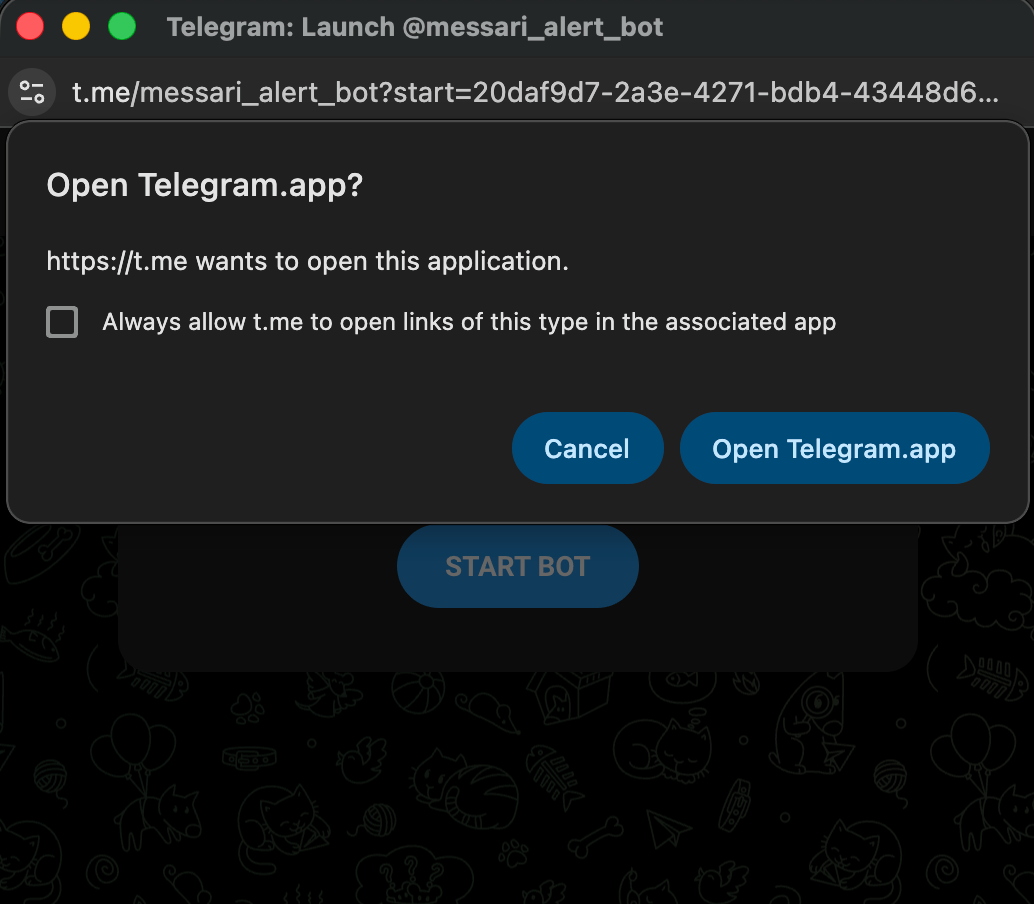 Telegram deep link popup opening the Blockworks alert bot