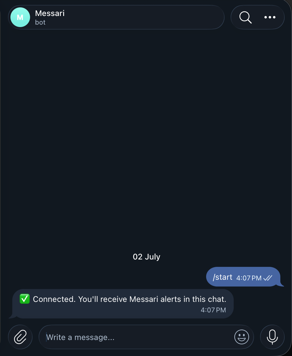 Telegram direct message with the alert bot confirming the chat is connected