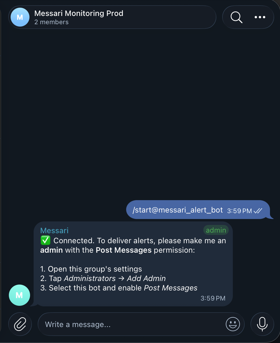 Telegram group chat with the alert bot asking for the Post Messages permission