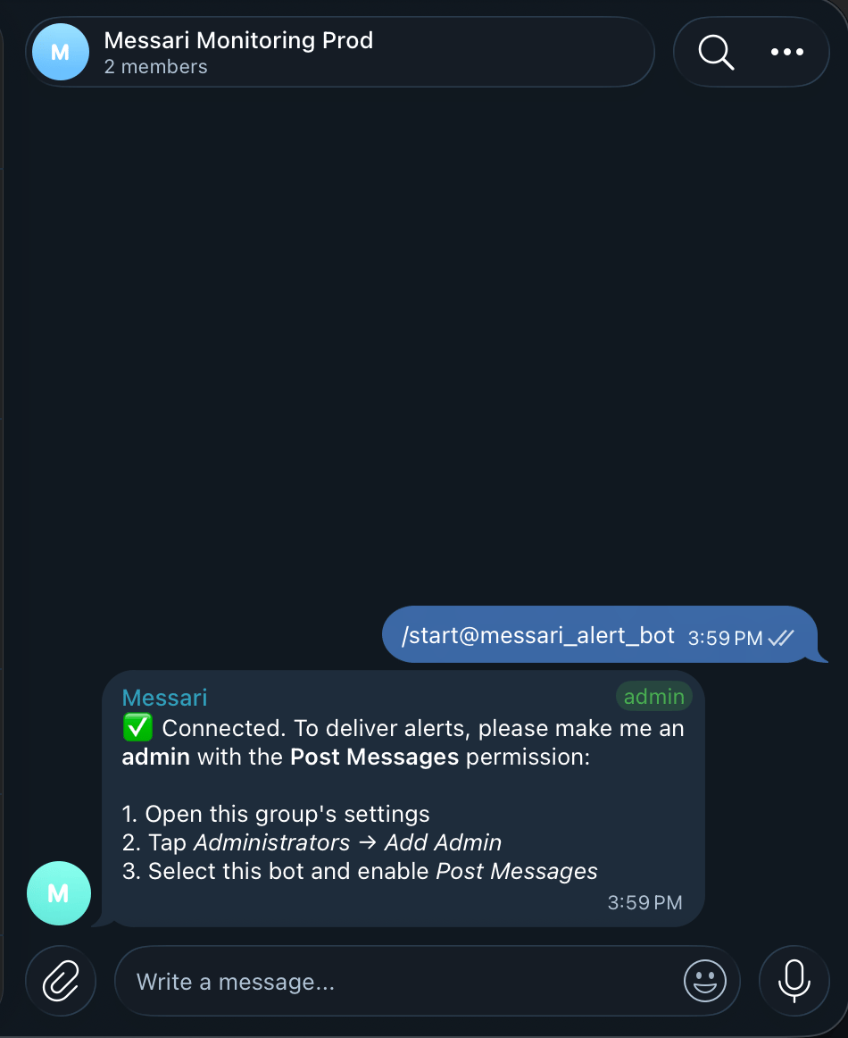 Telegram group chat with the alert bot asking for the Post Messages permission