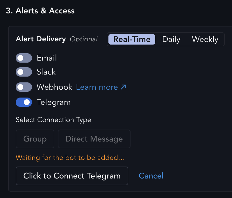 Select Connection Type buttons with the Click to Connect Telegram button