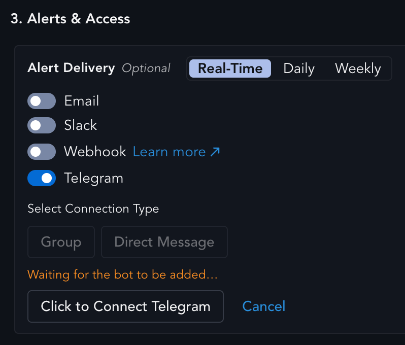 Select Connection Type buttons with the Click to Connect Telegram button