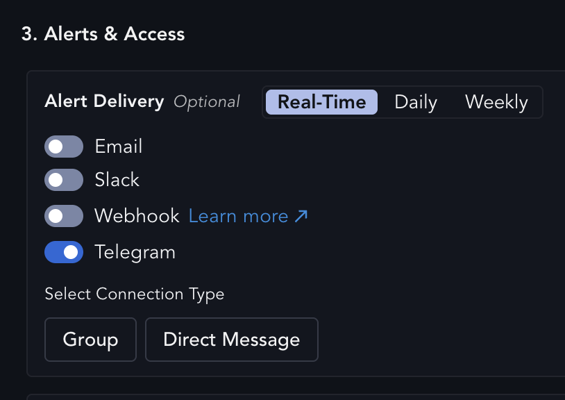Telegram toggle enabled showing the Group and Direct Message buttons