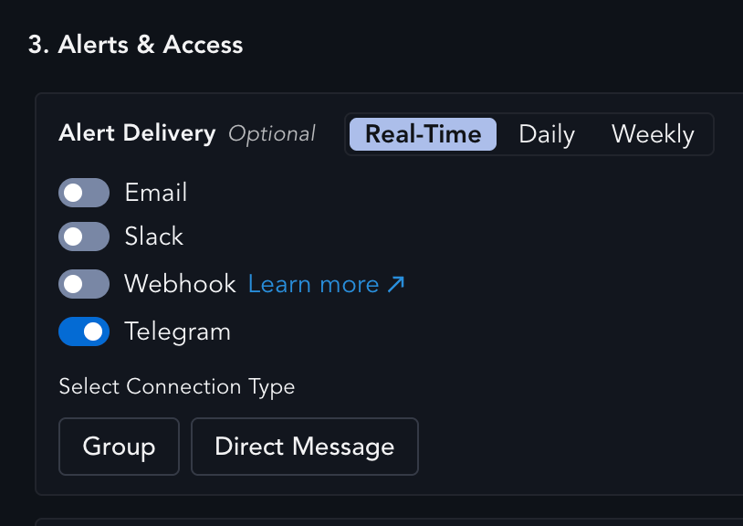 Telegram toggle enabled showing the Group and Direct Message buttons