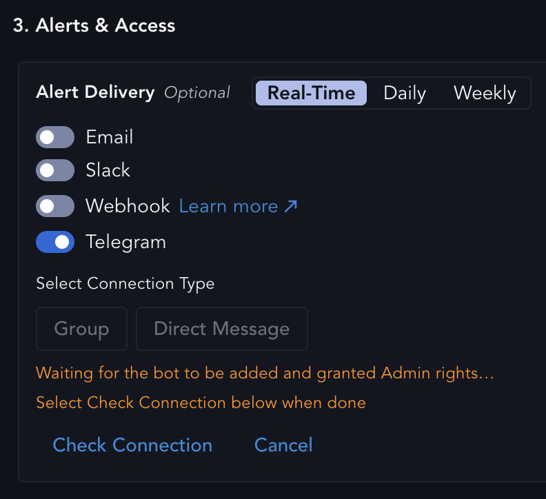 Connection status line showing a waiting state with the Check Connection and Cancel actions