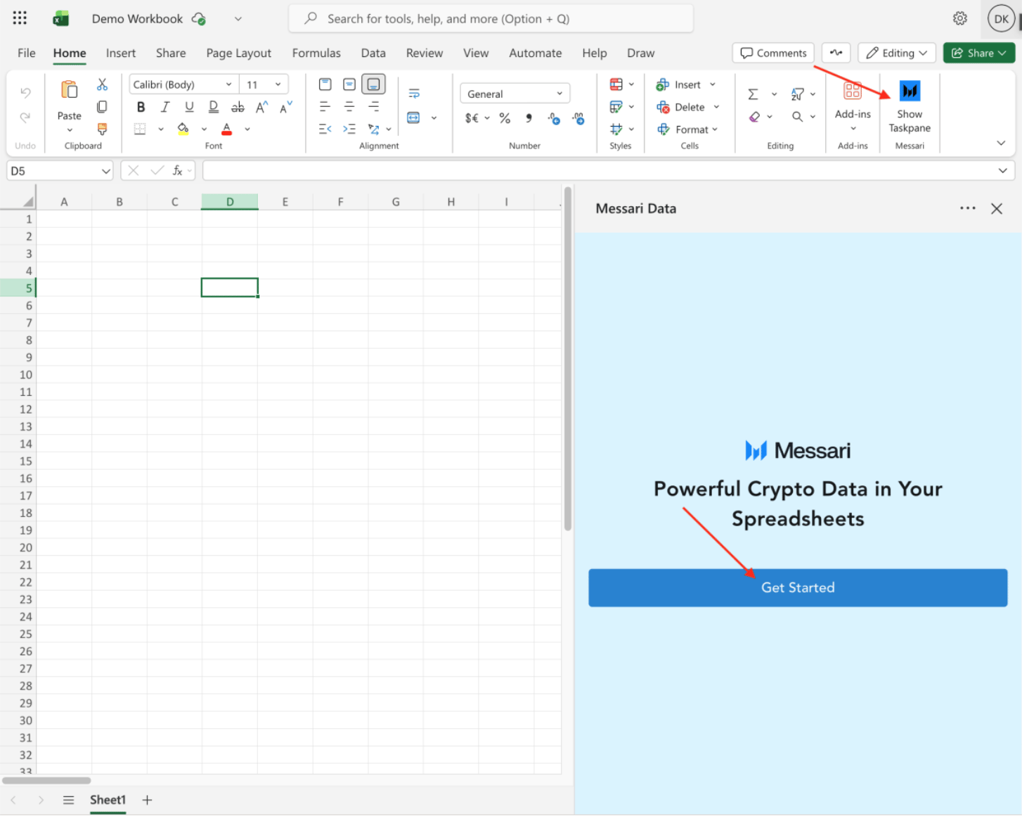 Launching the add-in taskpane from the Home menu