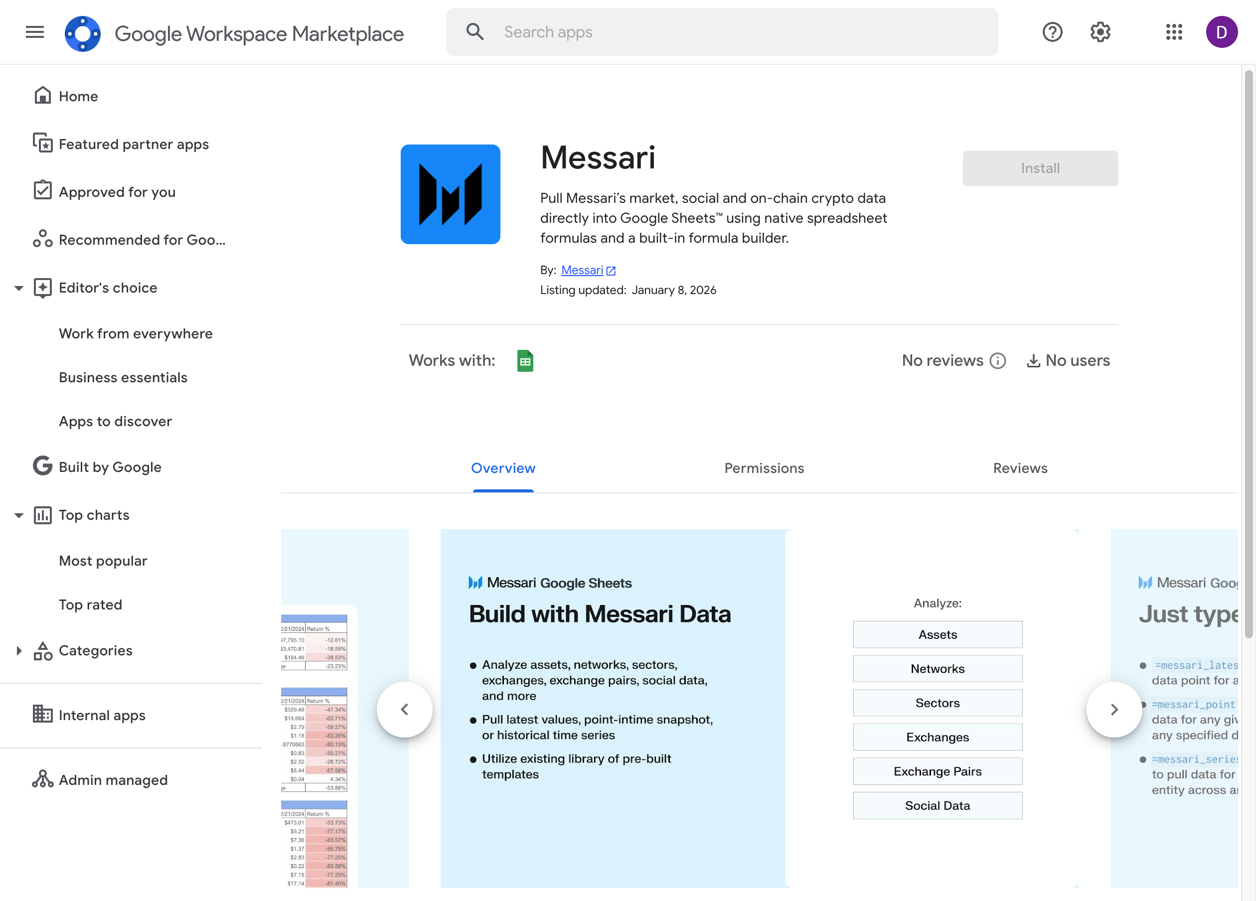 Messari by Blockworks listing in the Google Workspace Marketplace