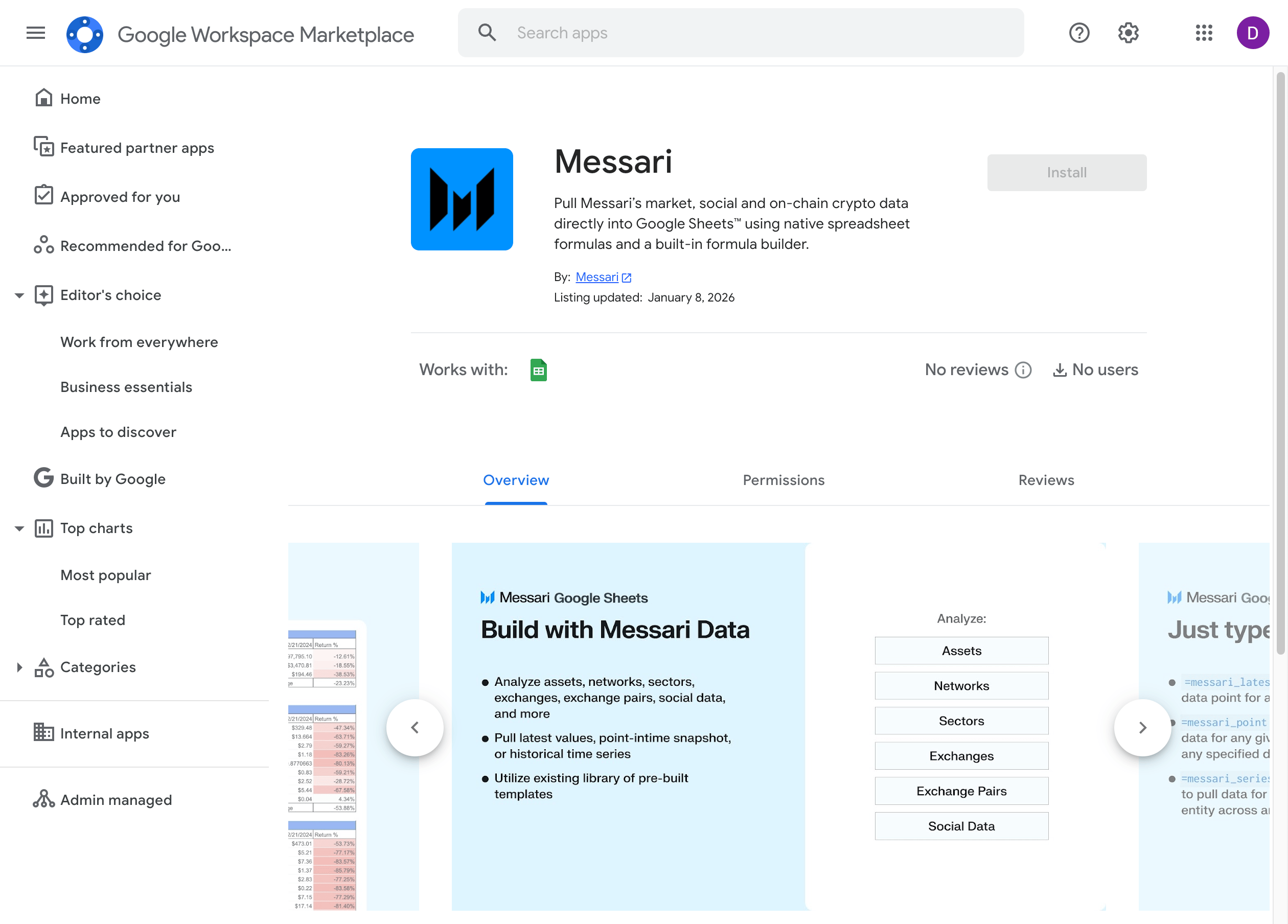 Messari by Blockworks listing in the Google Workspace Marketplace