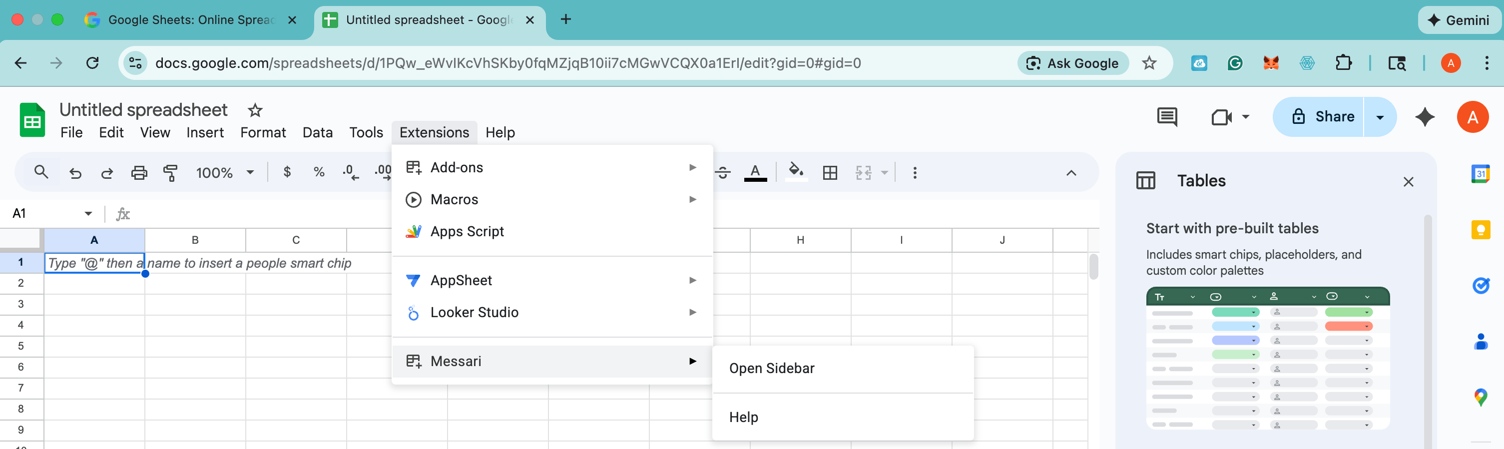 Opening the add-on sidebar from the Extensions menu