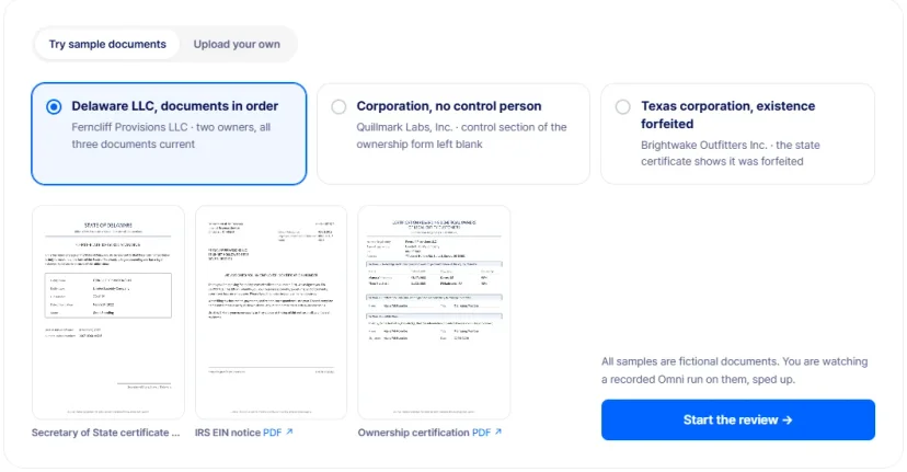 Sample case selection in the ARGOS Omni KYB Try it demo