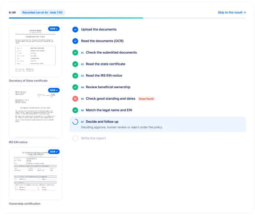 ARGOS Omni reviewing KYB documents step by step