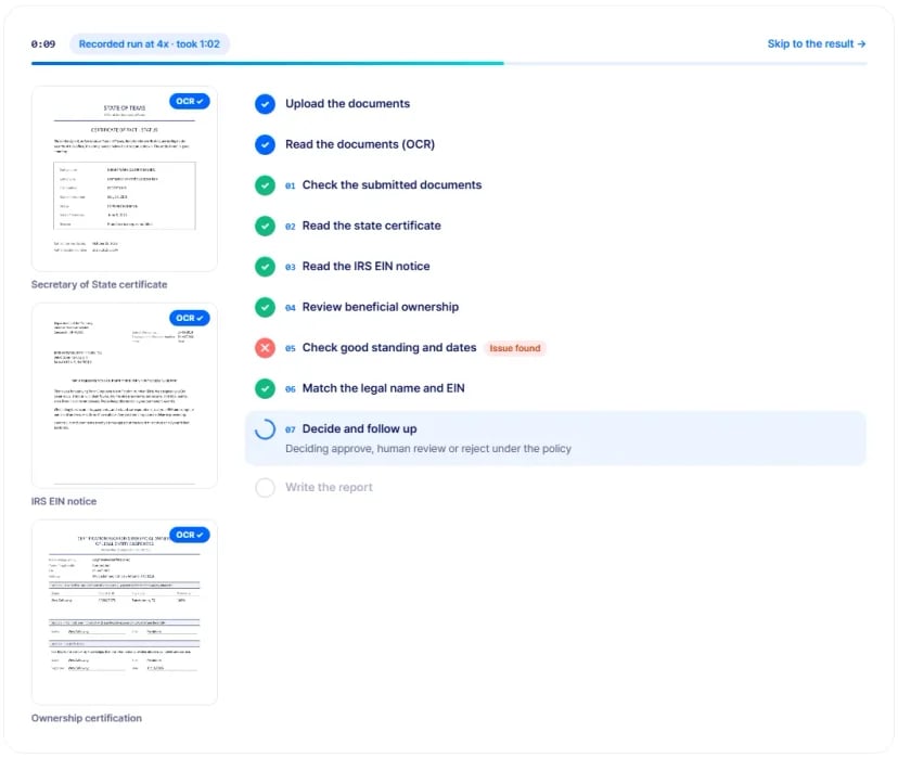 ARGOS Omni reviewing KYB documents step by step
