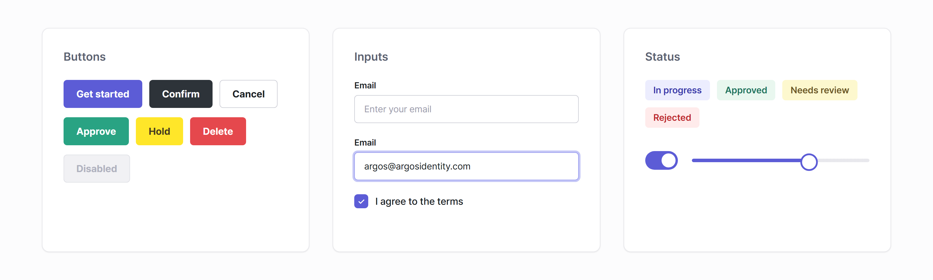 Examples of buttons, inputs, and status labels