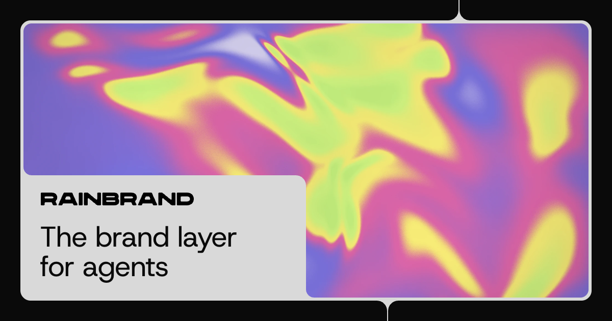 Rainbrand: the brand layer for agents, set against a colorful heat-map panel.