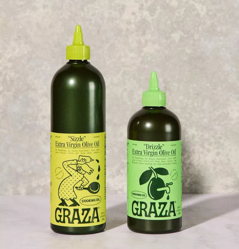 Graza's taller Sizzle bottle with a yellow label and cap beside the shorter Drizzle bottle with a mint label and cap