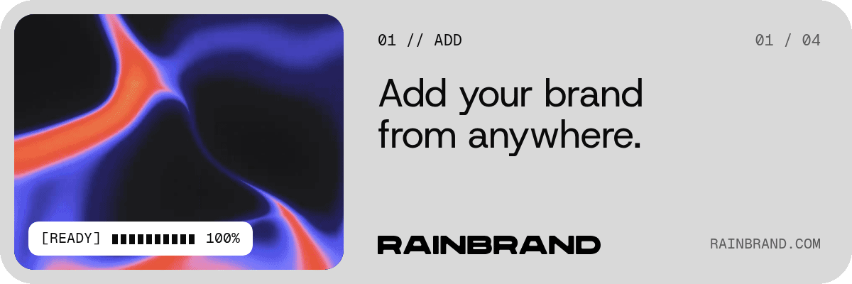 Rainbrand email signature banner cycling through Add, Brief, Make, and Review, each with a heat-map texture in a rounded window, a two-line headline, and the Rainbrand wordmark