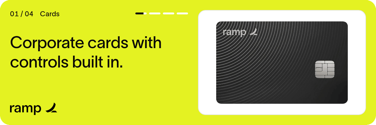 Ramp email signature concept on lime cycling through cards, expenses, approvals, and reporting, each with a product screen and the Ramp wordmark