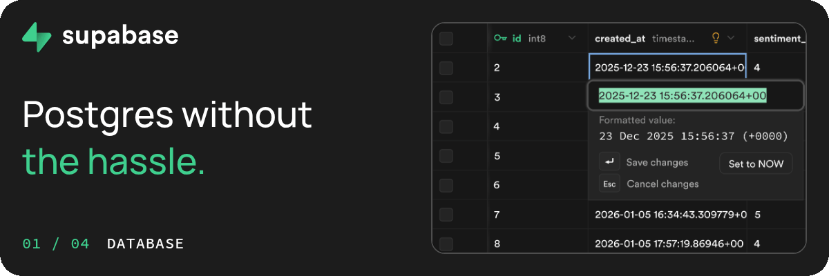 Supabase email signature concept on a dark background cycling through database, data APIs, auth, and scale, each with product art and a green second line