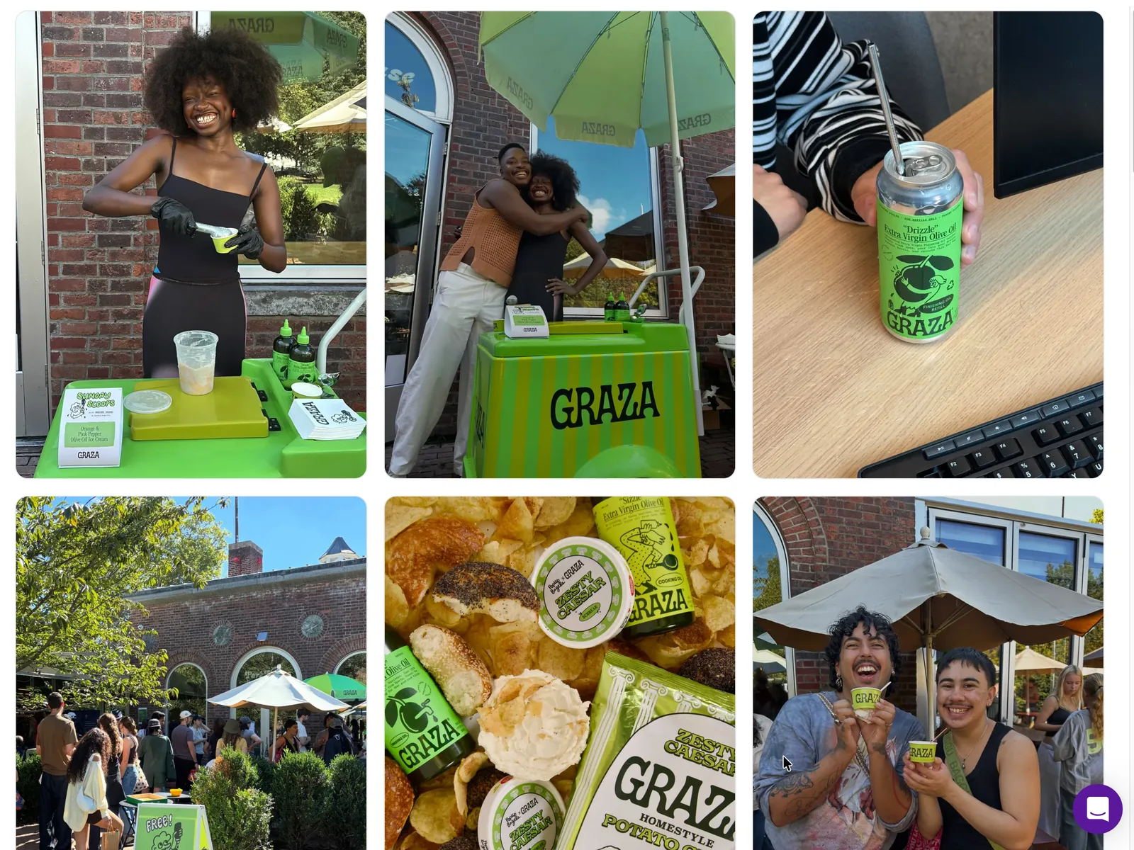 Six Graza photos showing an ice-cream pop-up, a bright green stand, a Drizzle olive-oil can, an event crowd, food and products, and people holding snacks