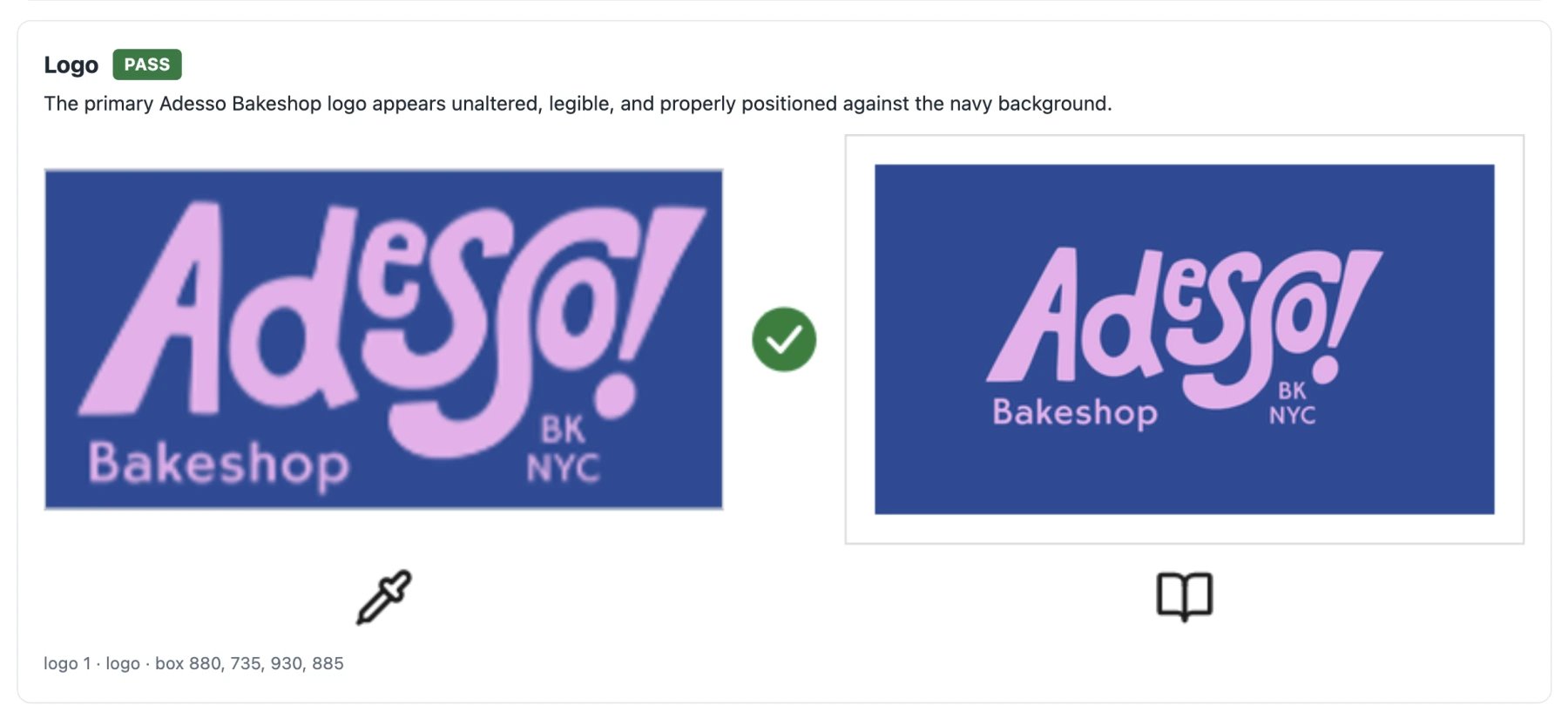 The logo on the creative’s navy background compared with the brand reference, with a PASS result.