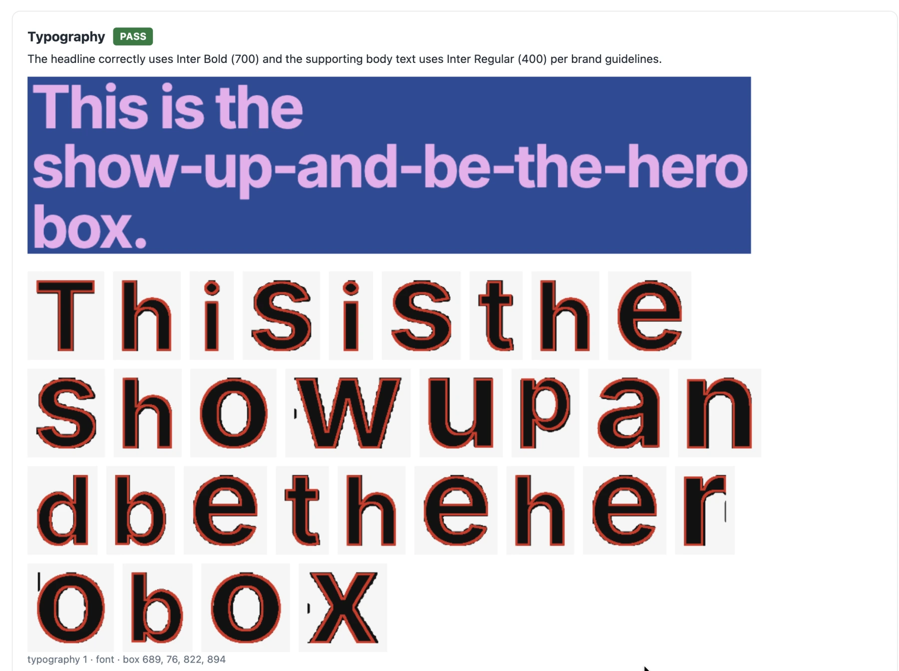 Headline and body samples with isolated letter-shape comparisons and a PASS result.