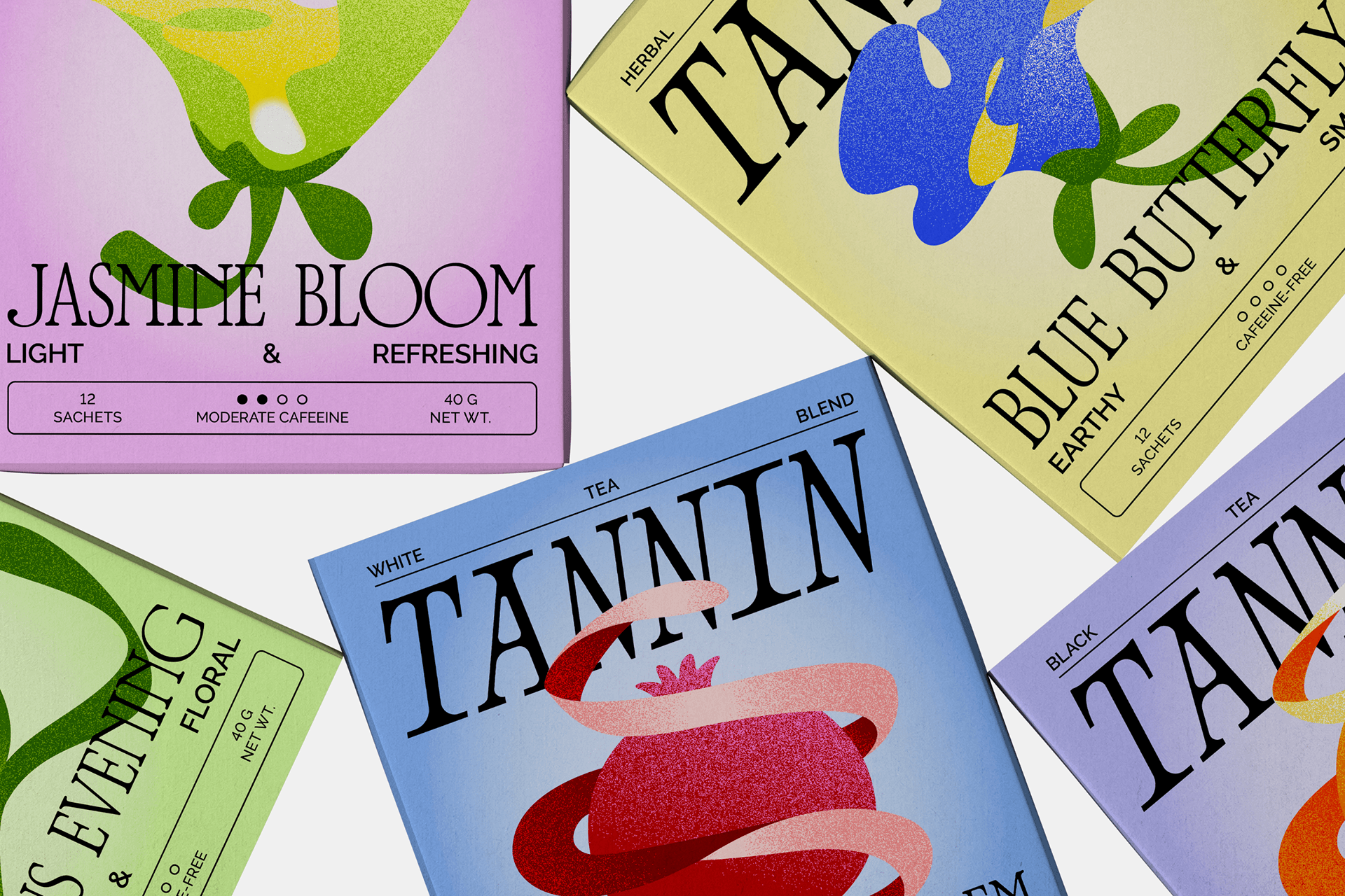 TANNIN tea packaging combining large serif lettering, pastel backgrounds, and saturated botanical illustrations