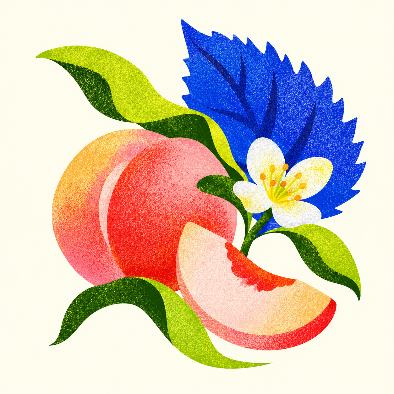 Generated peach-and-shiso botanical illustration with coral loops, chartreuse leaves, and speckled texture