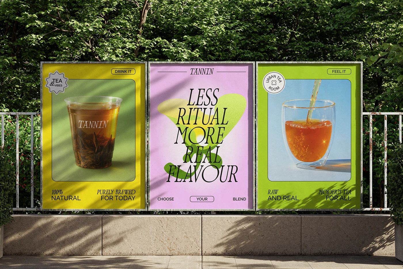 TANNIN posters showing oversized serif headlines layered with colorful botanical shapes