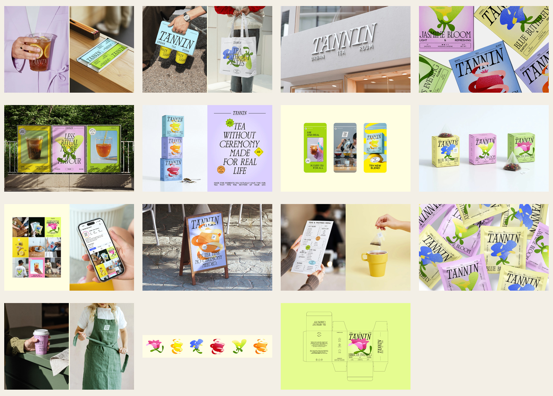 TANNIN identity across colorful tea cartons, cups, posters, storefront signage, and merchandise