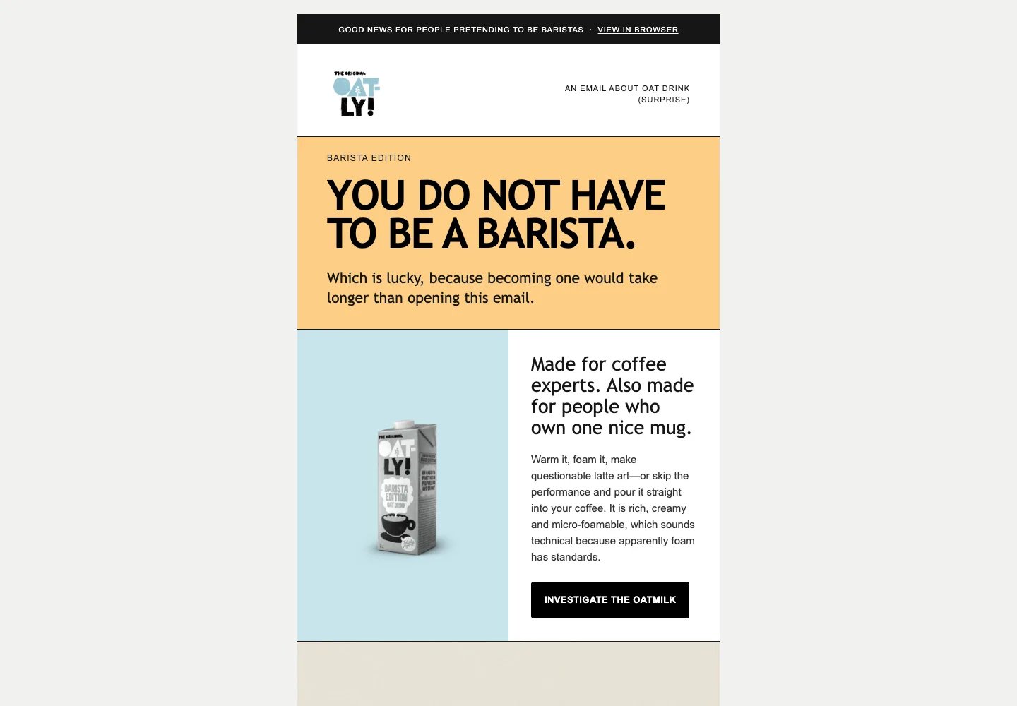 Oatly Barista Edition email concept with the headline You do not have to be a barista, a product carton, and iced coffee