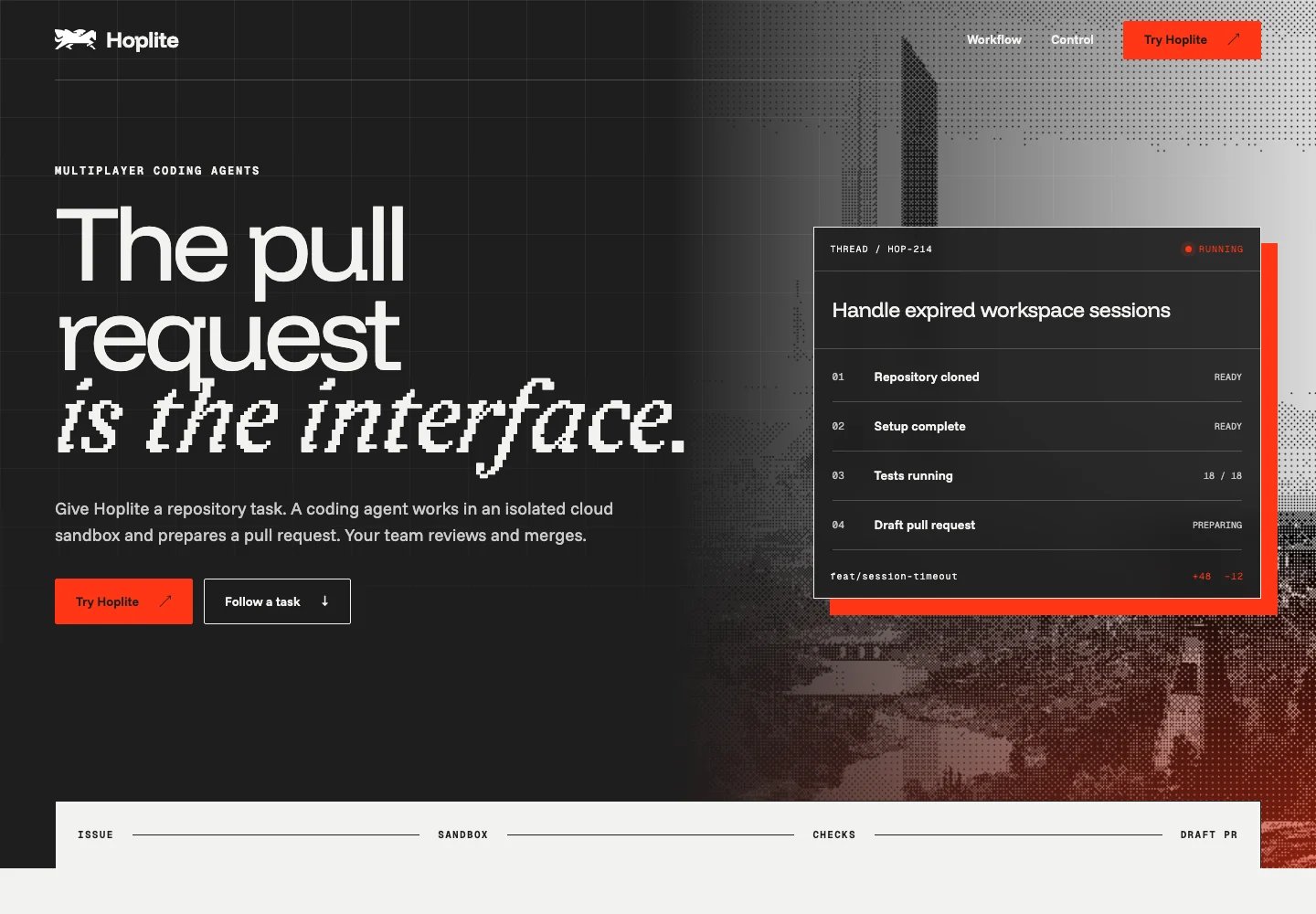 Hoplite feature page concept showing a task moving through a cloud sandbox to a reviewable pull request and human merge decision