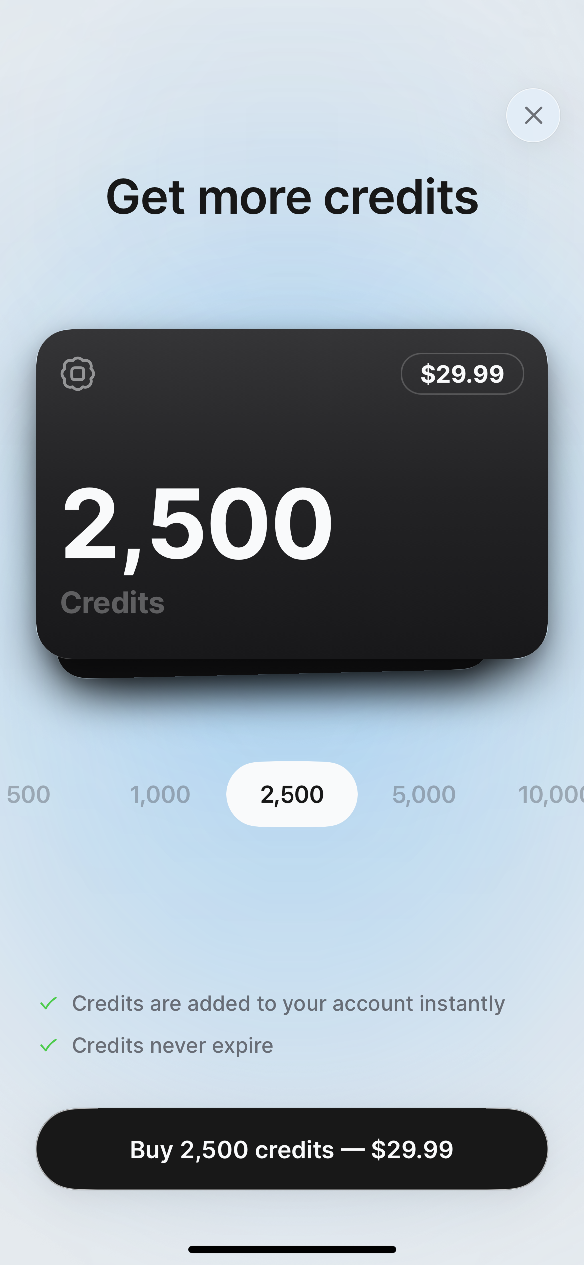 Buy credits on mobile