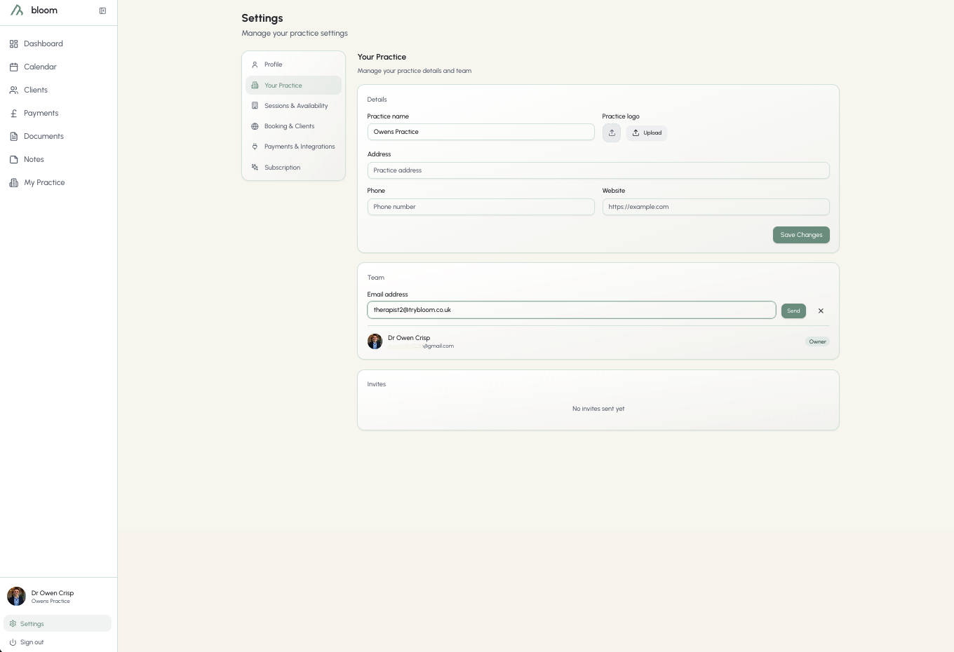 Practice information and inviting colleagues