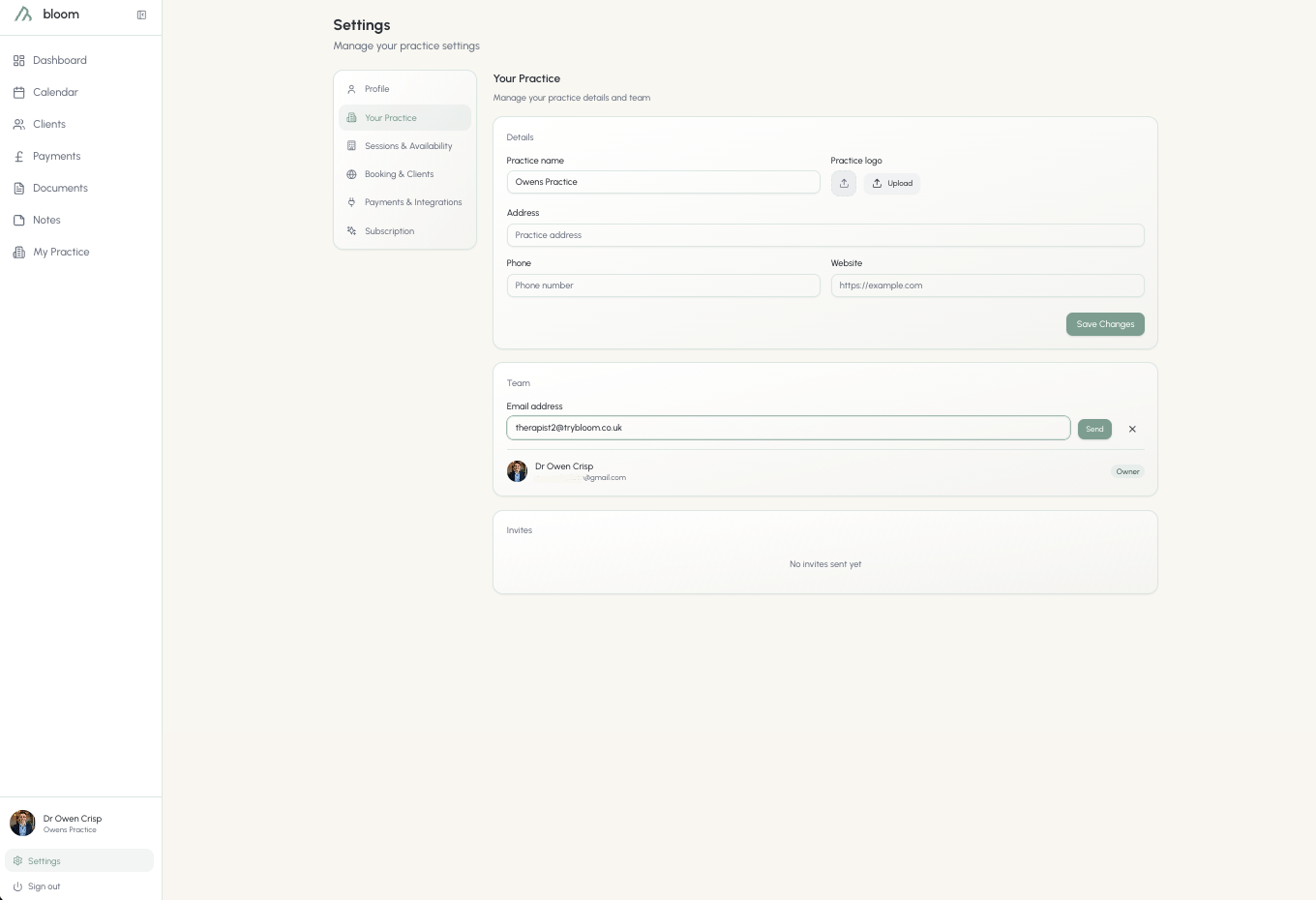 Practice information and inviting colleagues