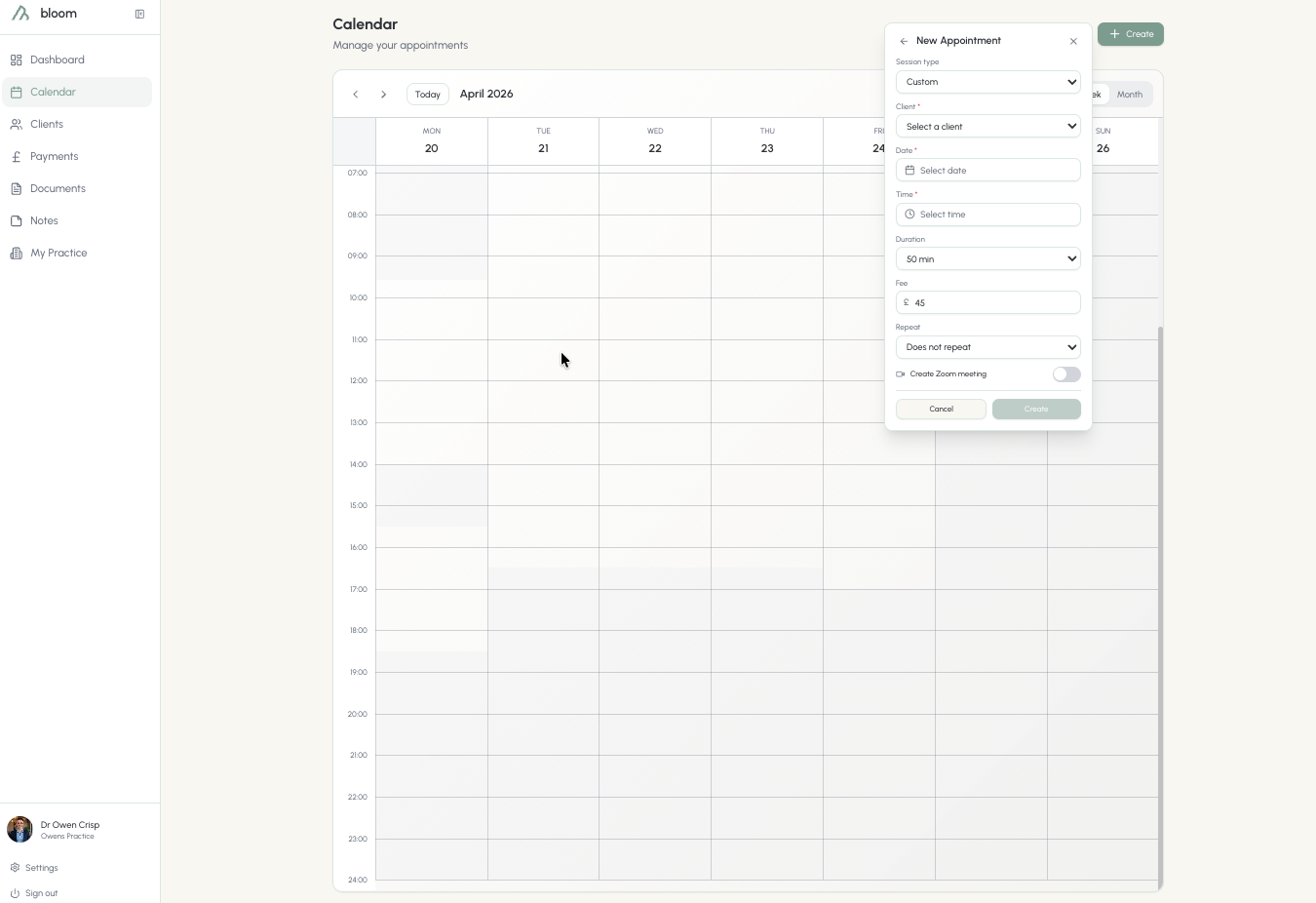 New appointment using session defaults
