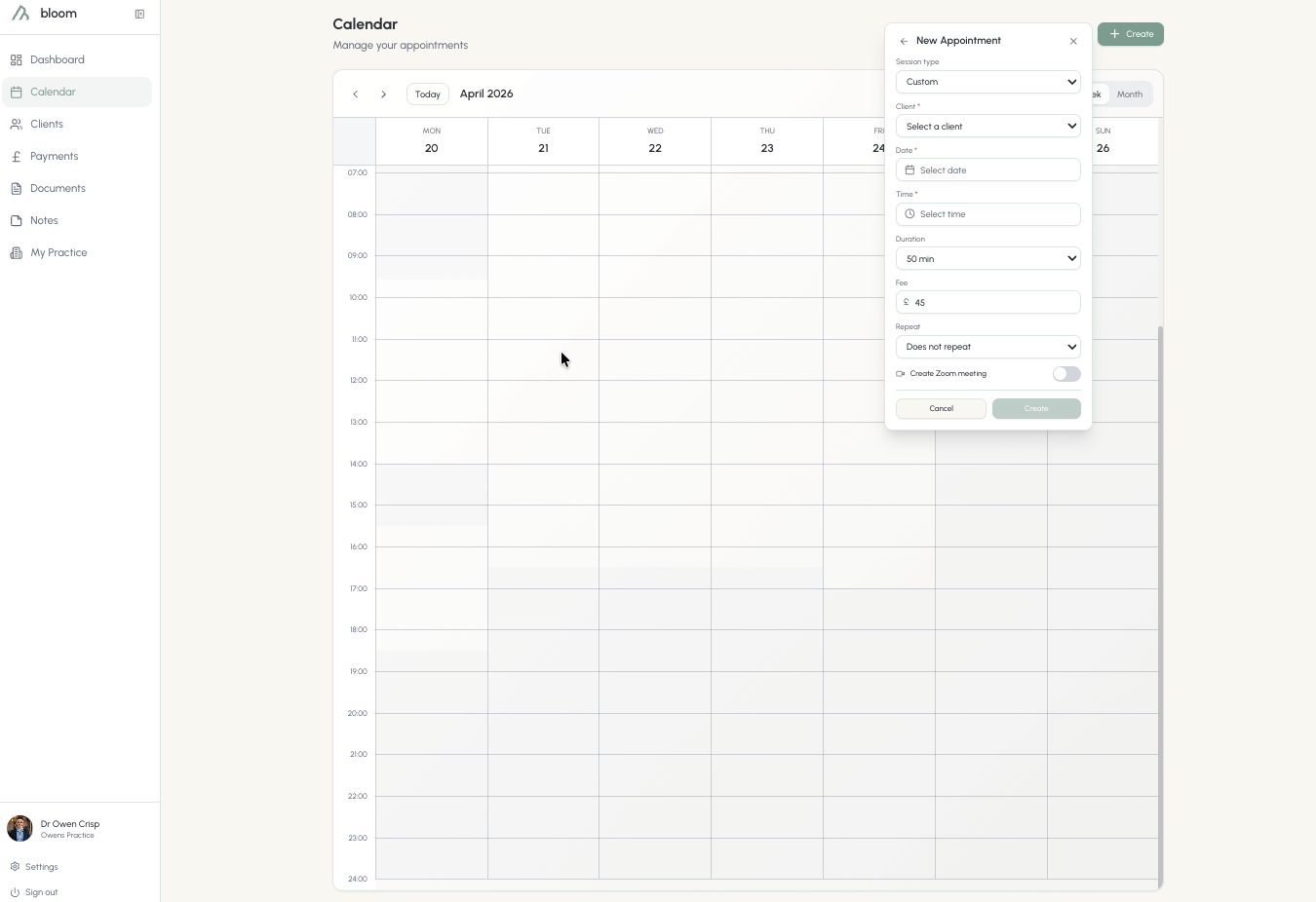 New appointment using session defaults