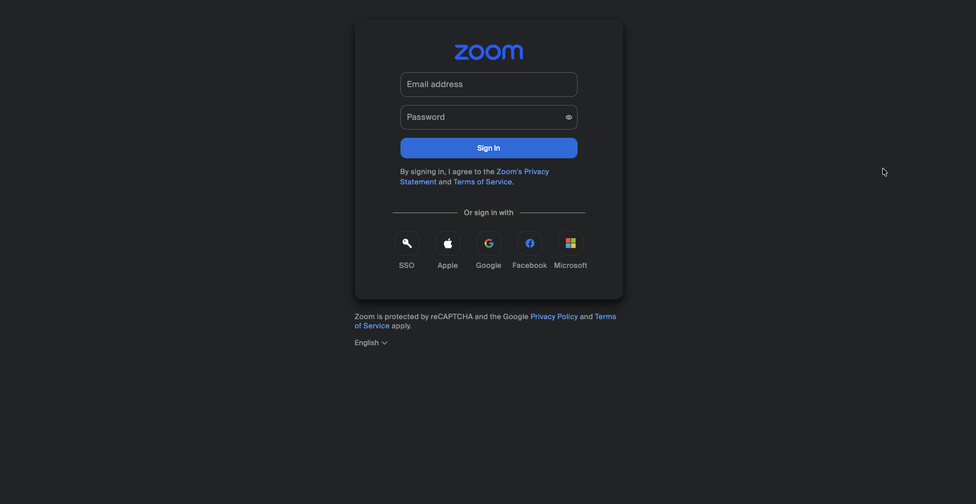 Zoom login screen