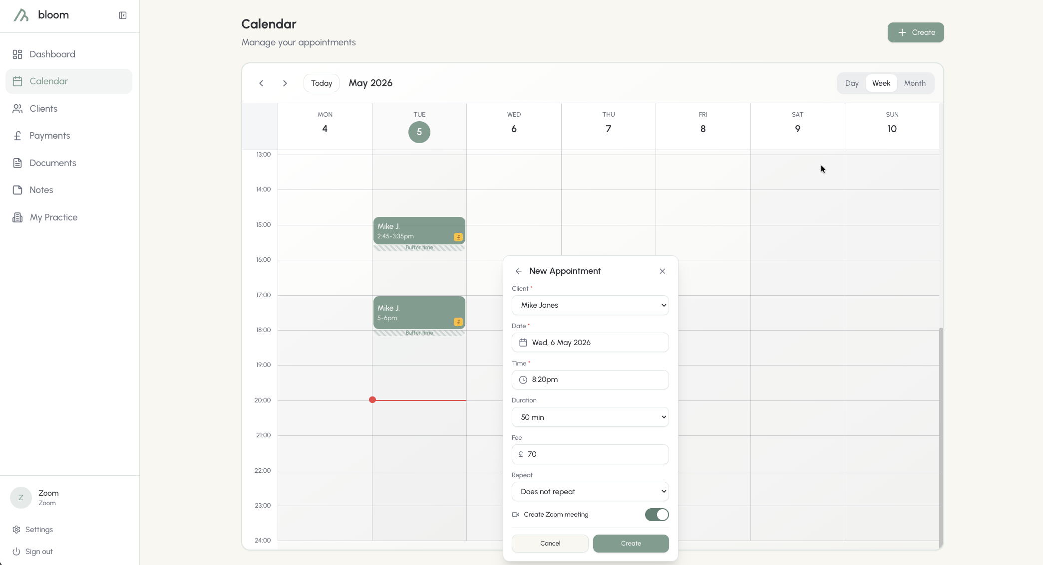 Toggle Zoom on a new appointment
